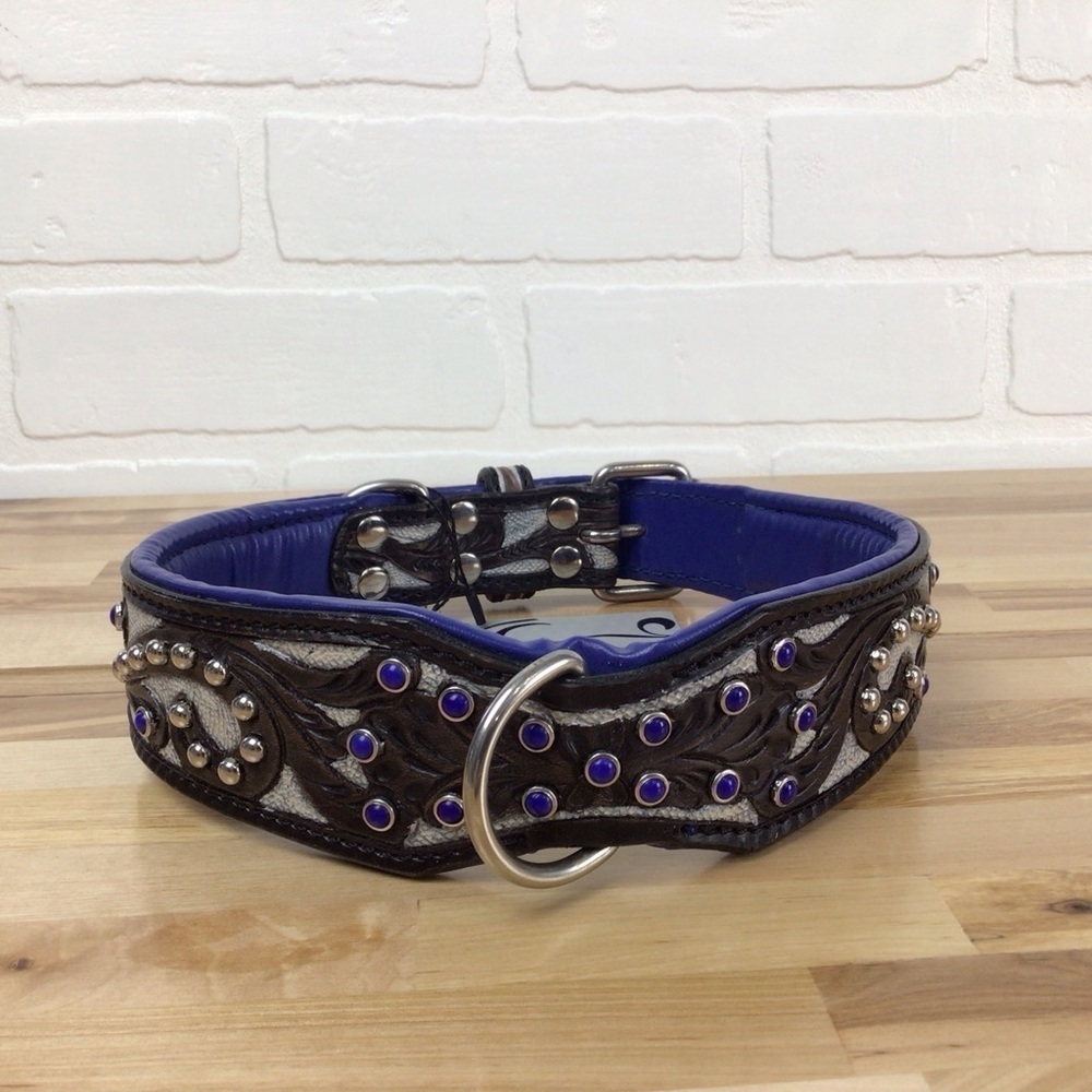 Madcow genuine leather contemporary dog collar handcraf black cerule blue silver
